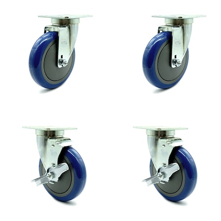 Service Caster Universal Kitchen Casters - 5" Blue Wheel - 2 Swivel 2 w/Brakes SCC-20S514-PPUB-BLUE-TPU1-2-TLB-2